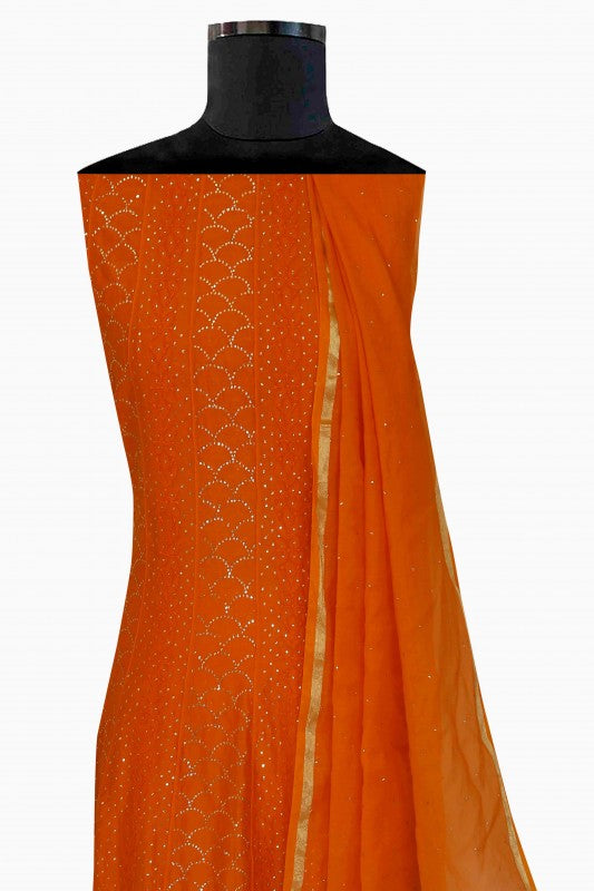 Ada Hand Embroidered Orange Chanderi Chikan Semi-stitched Anarkali Kurta Dupatta With Muqaish Work-A623106