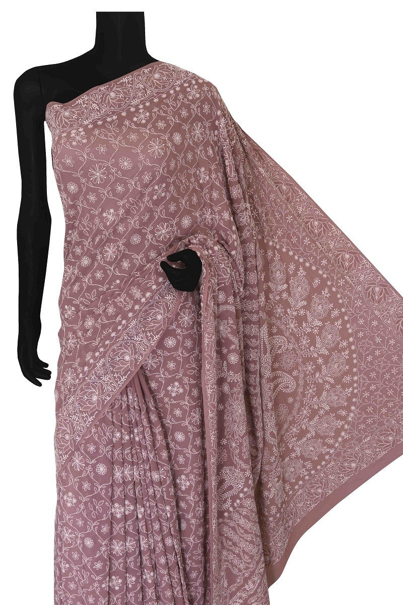 Ada Hand Embroidered Mauve Pure Georgette Lucknowi Chikankari Saree With Blouse -A601976
