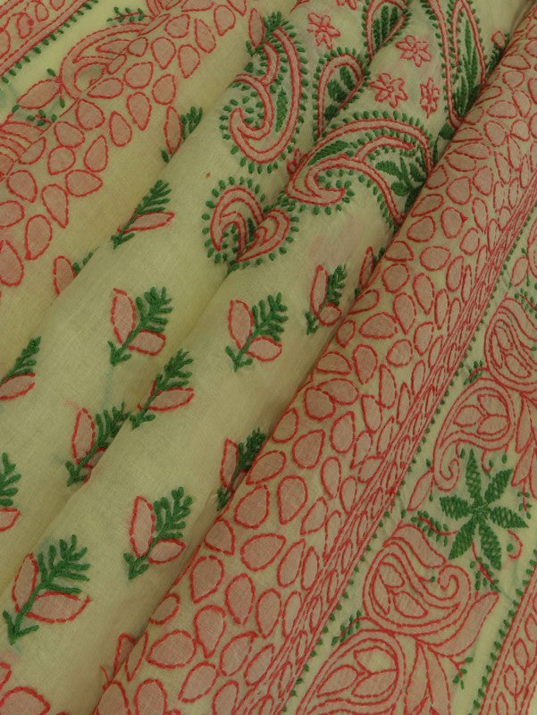 Ada Hand Embroidered Lemon Cotton Lucknowi Chikankari Saree With Blouse A239628
