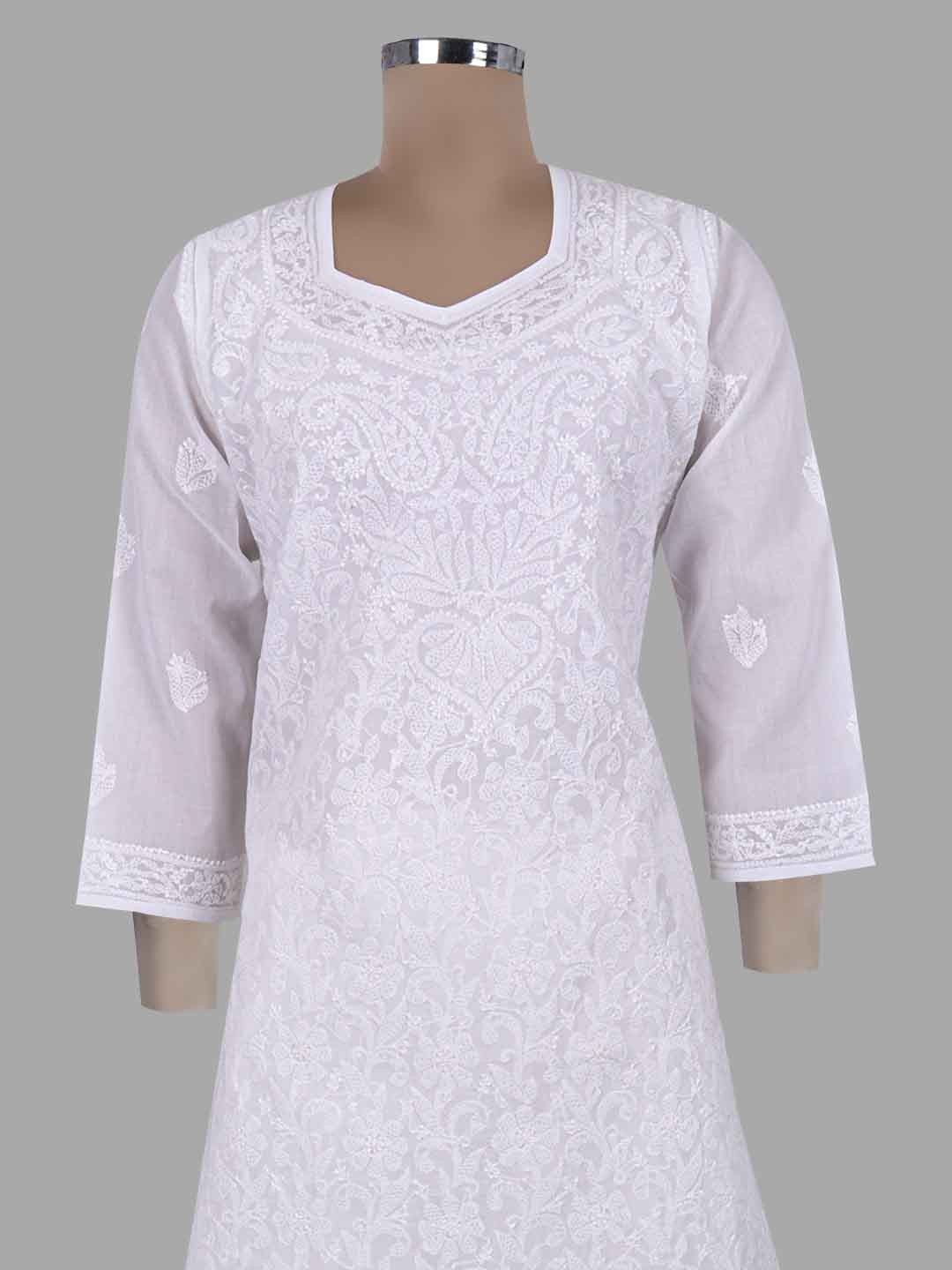 Ada Hand Embroidered White Cotton Lucknowi Chikankari Kurta Dupatta With Salwar Set A599166