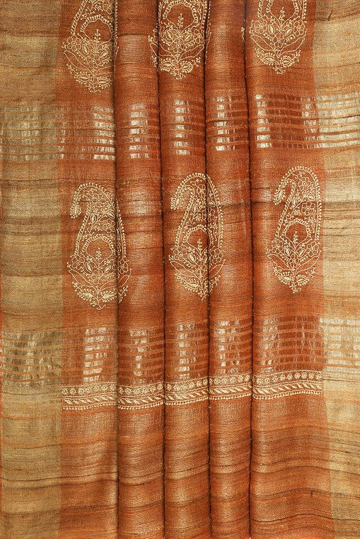 Ada Hand Embroidered Rust Chanderi Lucknowi Chikankari Saree With Blouse A581559