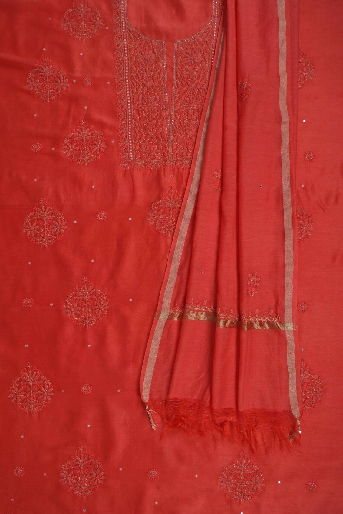 Ada Hand Embroidered Dark Peach Chanderi Lucknowi Chikankari Unstitched Kurta Dupatta Set With Zari Work 01A133827