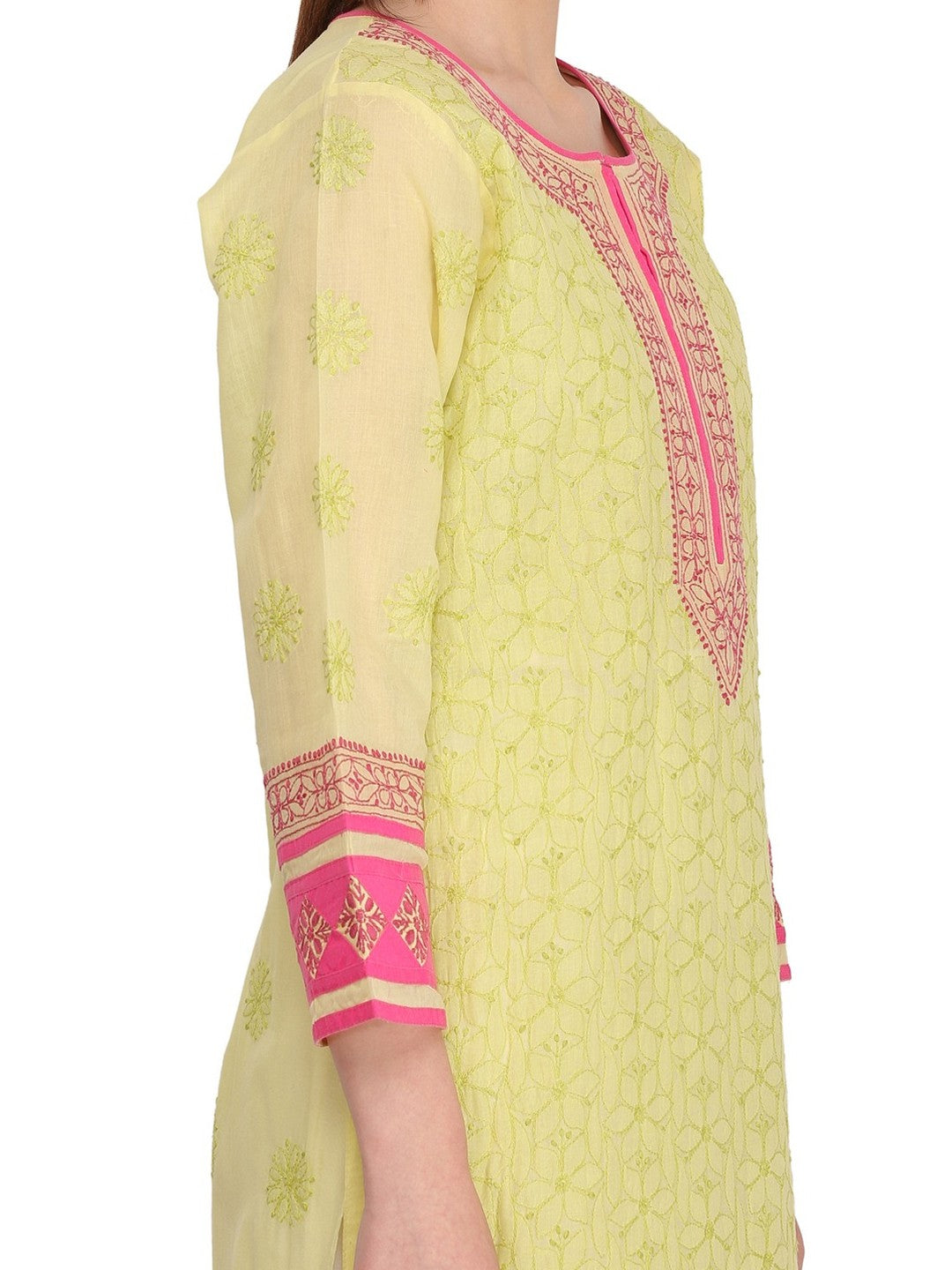 Ada Hand Embroidered Green Cotton Lucknow Chikan straight Kurta A273418