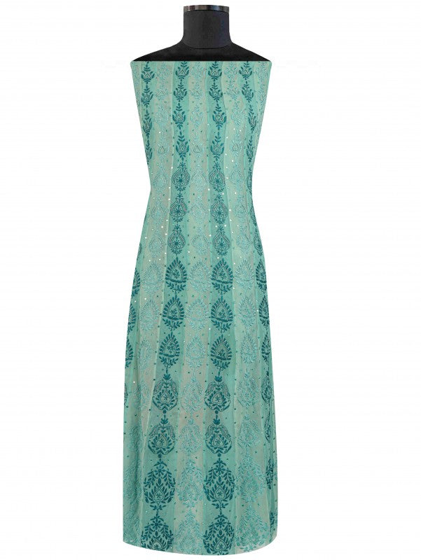 Ada Hand Embroidered Green Pure Georgette Lucknowi Chikan Unstitched Anarkali with Pearl & Mirror Work A61317