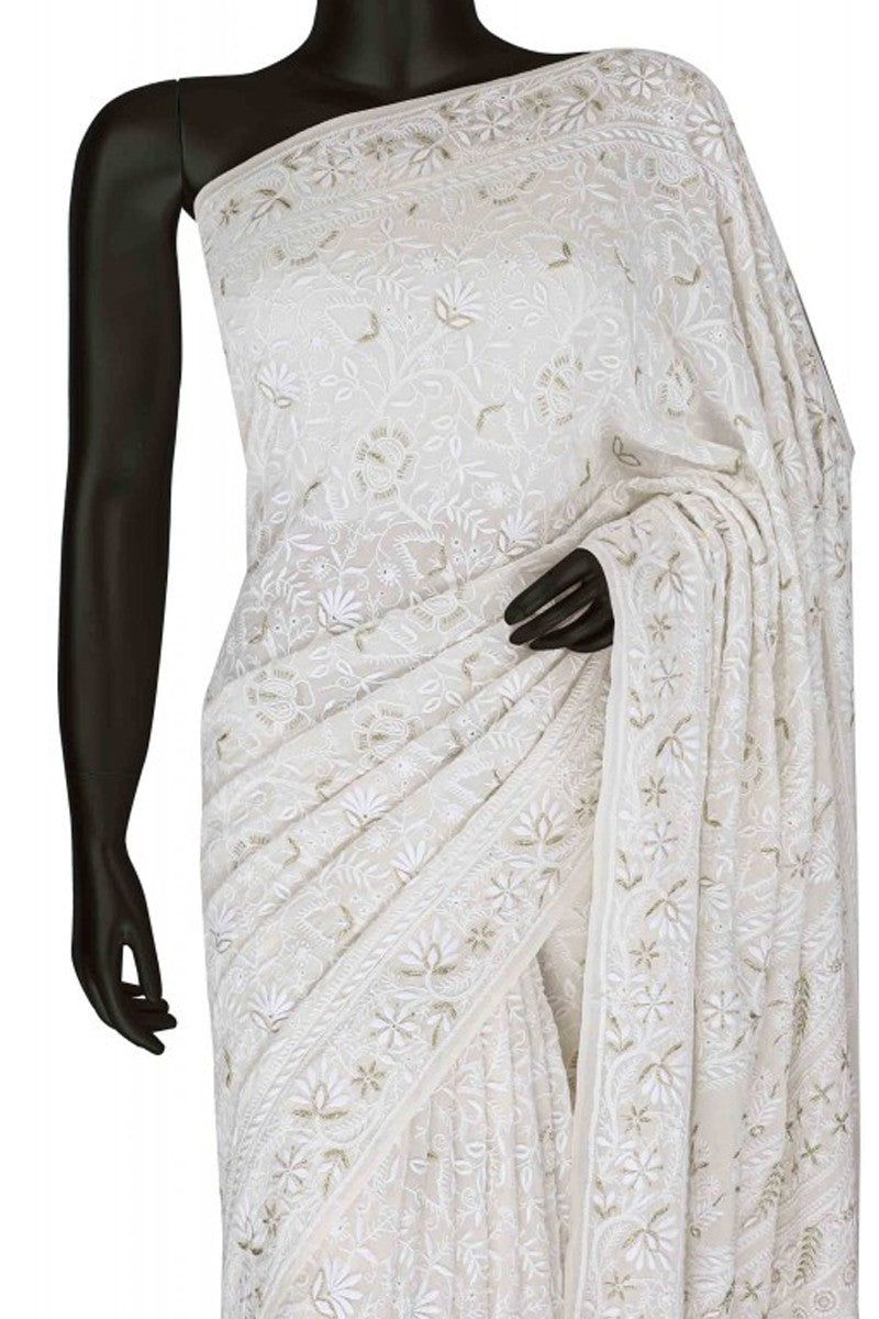 Ada Hand Embroidered Ivory White Pure Georgette Lucknow Chikan Saree with Blouse A573519