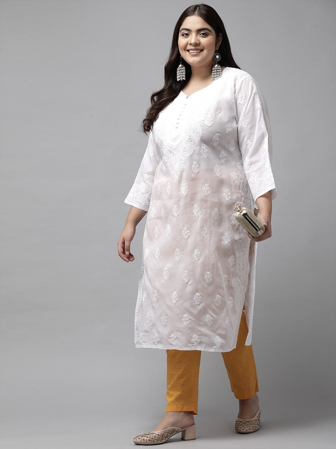 Ada Hand Embroidered White Cotton Lucknowi Chikankari Straight Kurta A100356