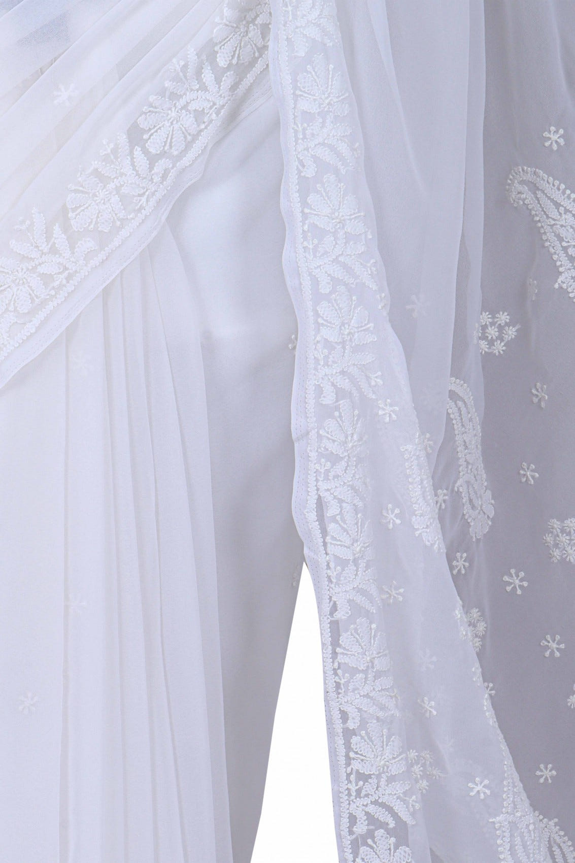 Ada Hand Embroidered White Georgette Lucknowi Chikankari Saree With Blouse A170290