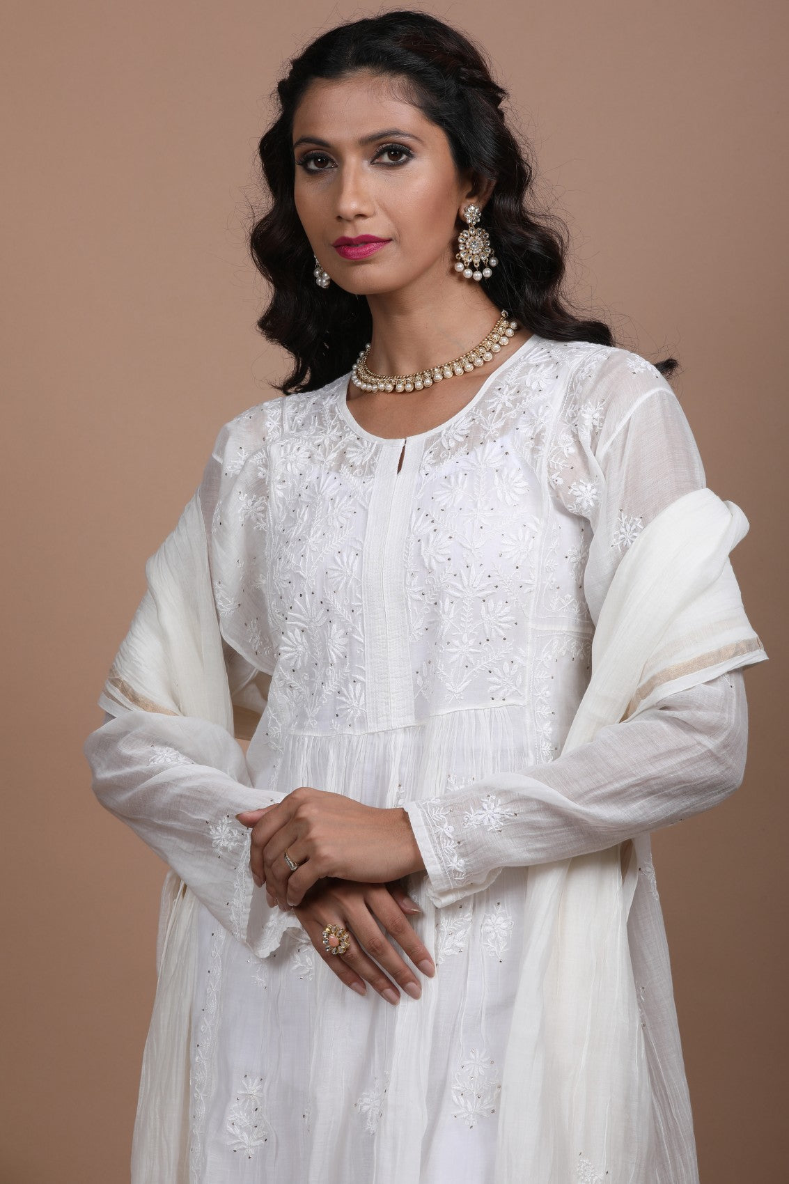 Ada Hand Embroidered White Chanderi Lucknowi Chikankari Semi-stitched Kurta Dupatta Set With Muqaish Work 01A260055