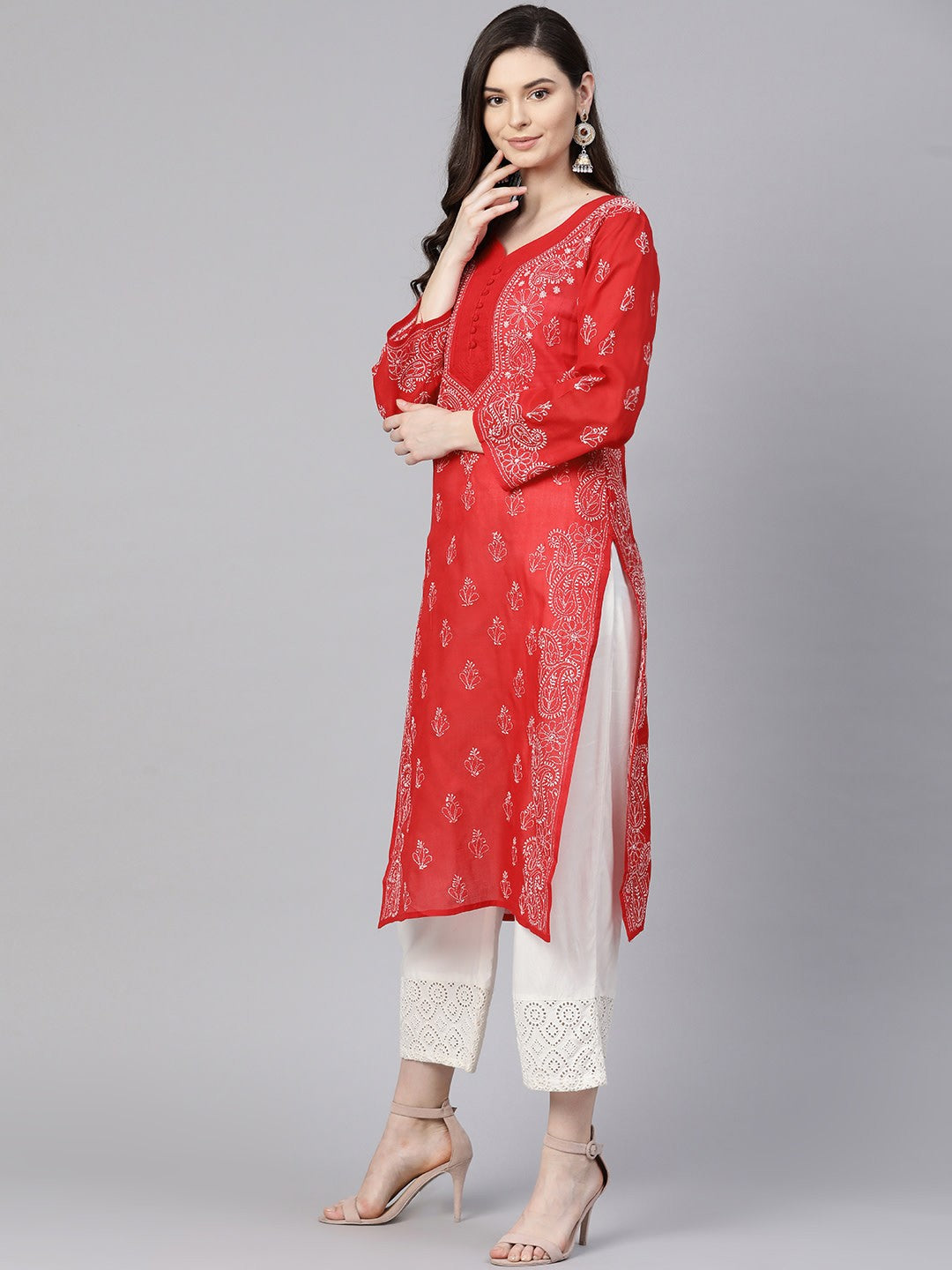 Ada Hand Embroidered Red Cotton Lucknowi Chikankari Straight Kurta A100358