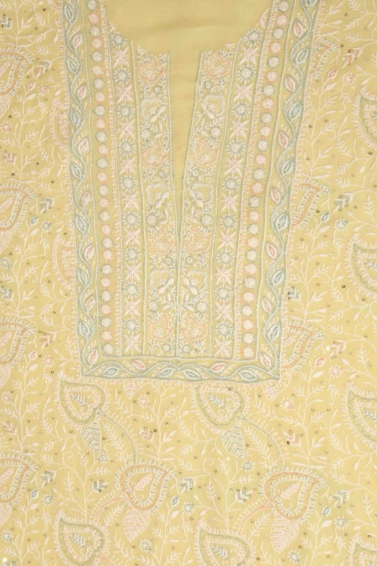 Ada Hand Embroidered Cream Pure Georgette Lucknowi Chikan Unstitched Kurta Dupatta Set With Pearl & Sequinned Work-A610884