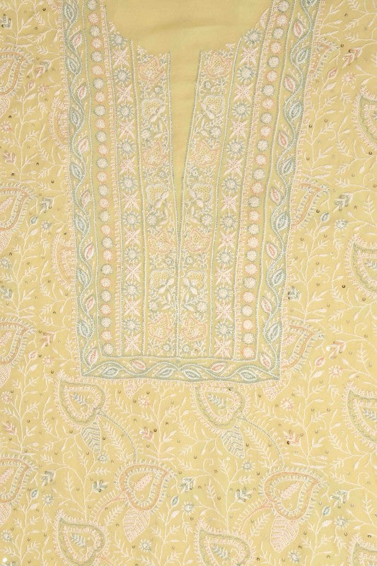 Ada Hand Embroidered Cream Pure Georgette Lucknowi Chikan Unstitched Kurta Dupatta Set With Pearl & Sequinned Work-A610884