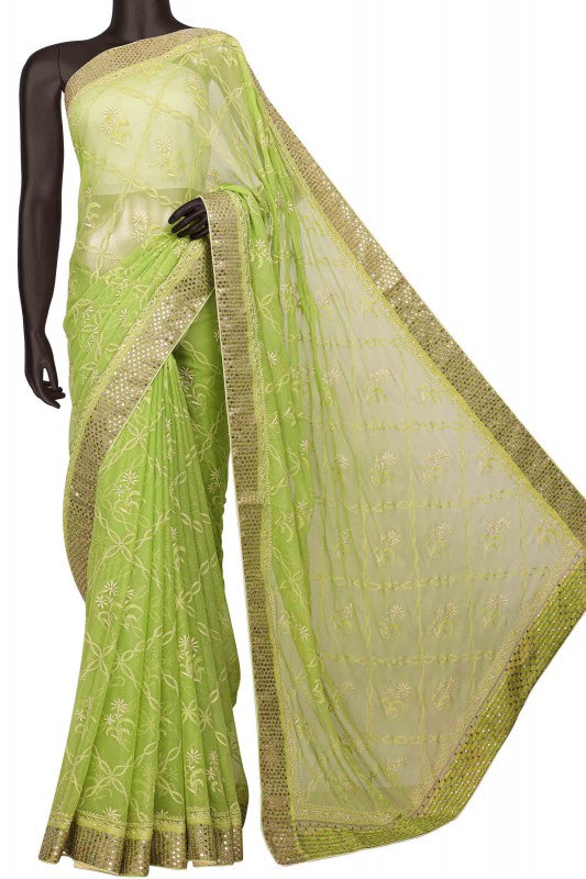 Ada Hand Embroidered Light Green Chiffon Lucknowi Chikankari Saree With Blouse With Muqaish Work- A201402