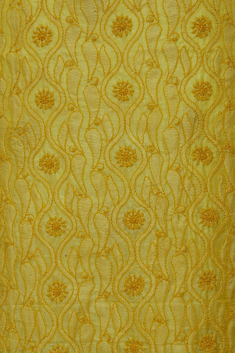 Ada Hand Embroidered Butter Yellow Tusser Silk Chikan Unstitched Kurta Piece A584789