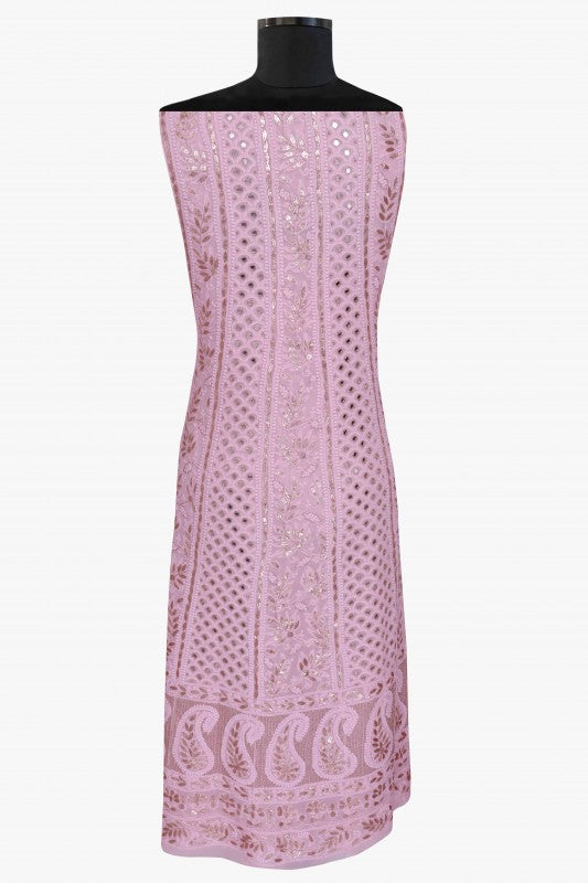 Ada Hand Embroidered Pink Georgette Lucknowi Chikankari Semi-stitched Anarkali Set With Gotapatti work – A610944