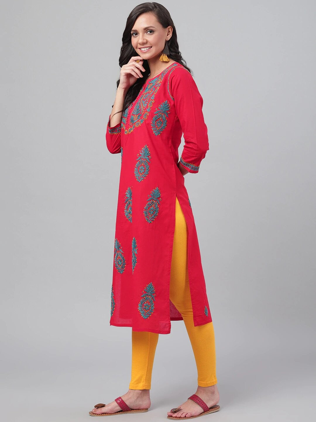 Ada Hand Embroidered Red Cotton Lucknowi Chikankari Straight Kurta A223392