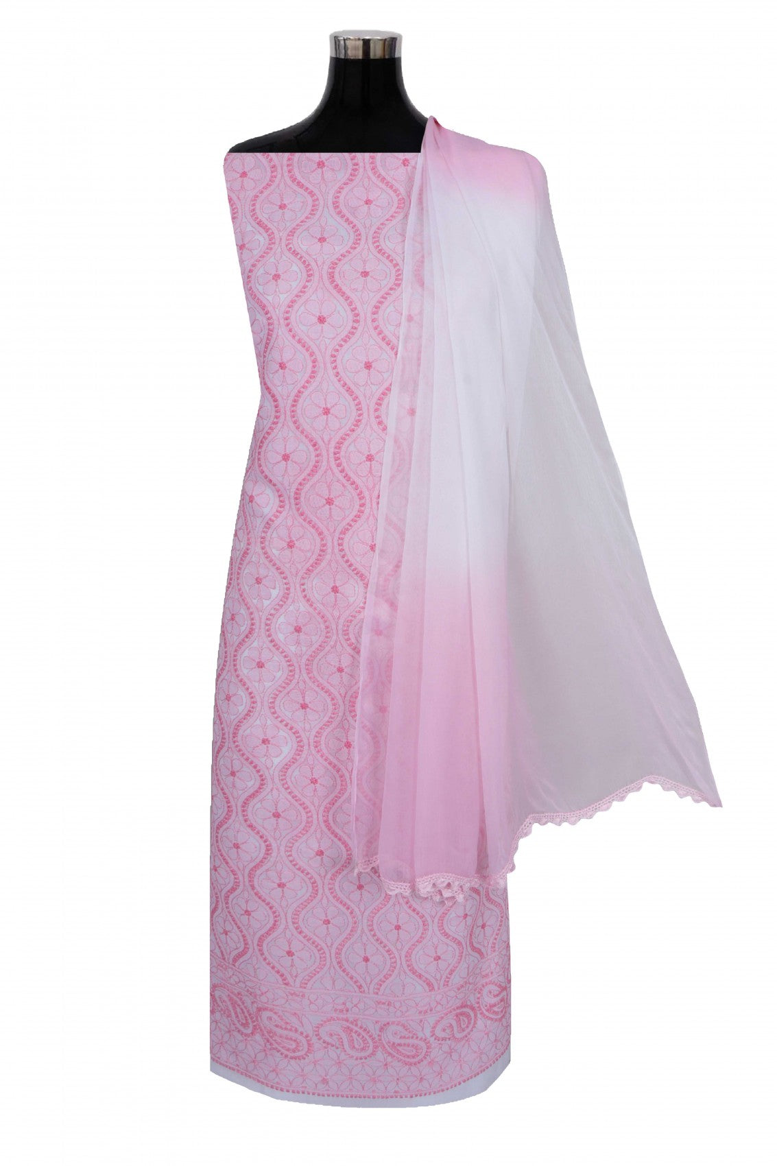 Ada Hand Embroidered White Cotton Lucknowi Chikankari Unstitched Suit Piece 01A204386