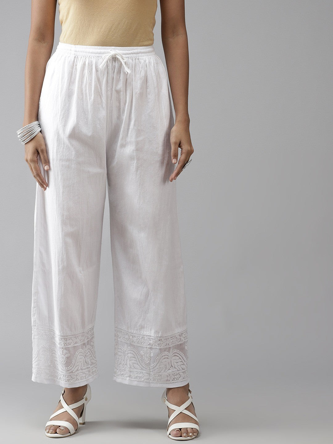 Ada Hand Embroidered White Cotton Lucknowi Chikankari Palazzo A711139