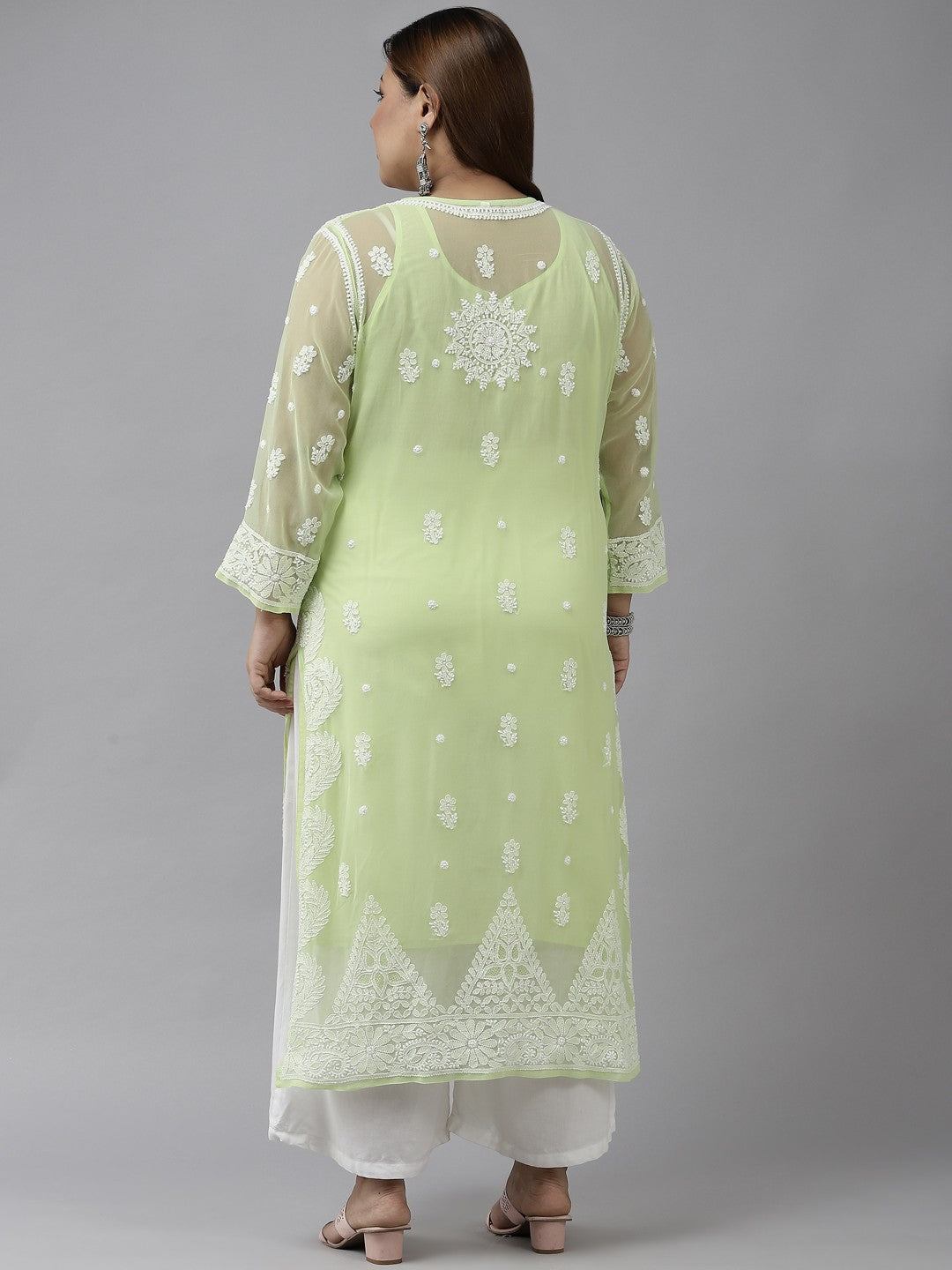 Ada Hand Embroidered Green Georgette Lucknowi Chikankari Straight Kurta With Slip A411199