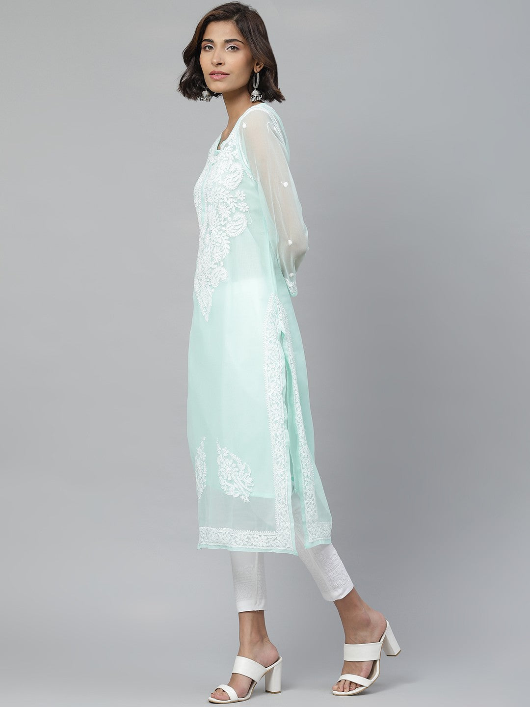 Ada Hand Embroidered Sea Green And White Georgette Lucknowi Chikankari Kurta Set with Slip A100540