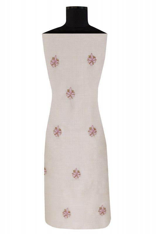 Ada Hand Embroidered Natural Cream Tusser Silk Lucknowi Chikan Unstitched Suit Piece- A609356