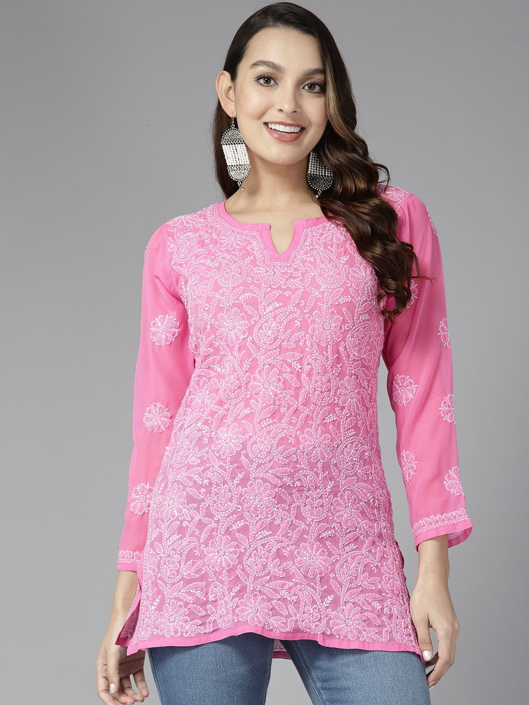 Ada Hand Embroidered Hot Pink Georgette Lucknowi Chikankari Straight Kurti A911273