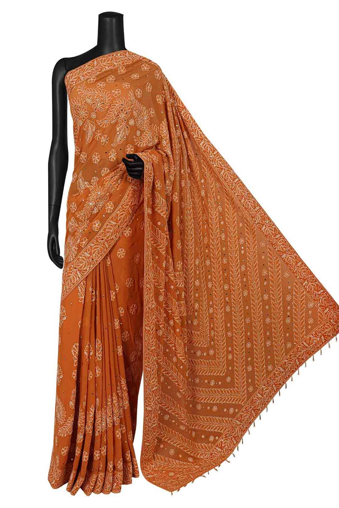 Ada Hand Embroidered Mustard Pure Georgette Lucknowi Chikankari Saree/Blouse With Muqaish Work 01A34780