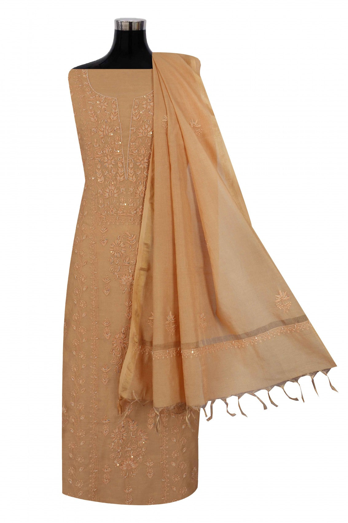 Ada Hand Embroidered Fawn Tissue Lucknowi Chikankari Unstitched Kurta Dupatta Set With Pearl Work 01A193513