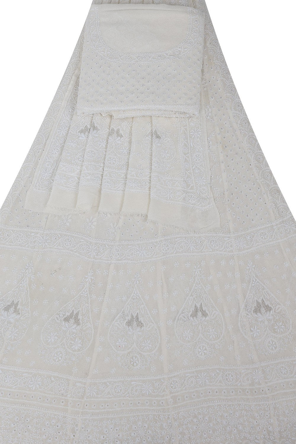 Ada Hand Embroidered White Pure Georgette Lucknowi Chikankari Lehenga Set A623411