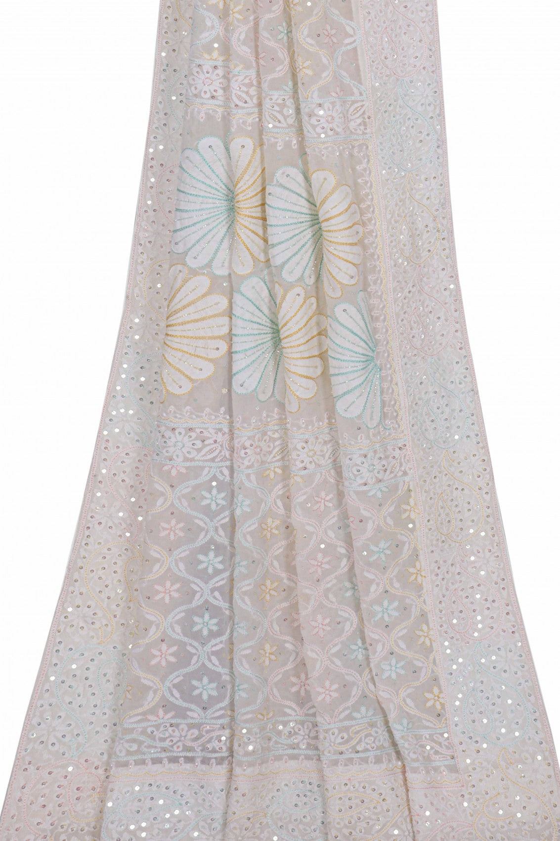 Ada Hand Embroidered White Pure Georgette Lucknowi Chikankari Dupatta With Sequinned Work A623930