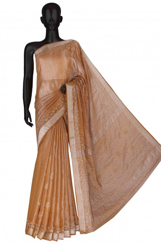 Ada Hand Embroidered Copper Brown Tissue Lucknow Chikan Saree With Blouse-A615150