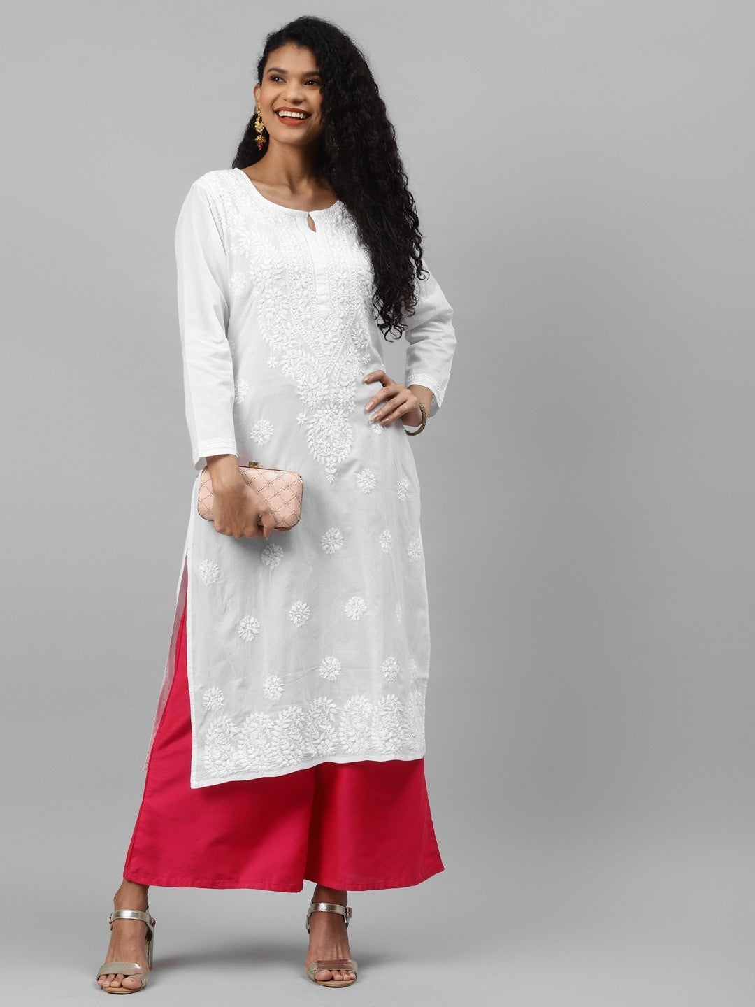 Ada Hand Embroidered White Cotton Lucknowi Chikankari Straight Kurta A213461