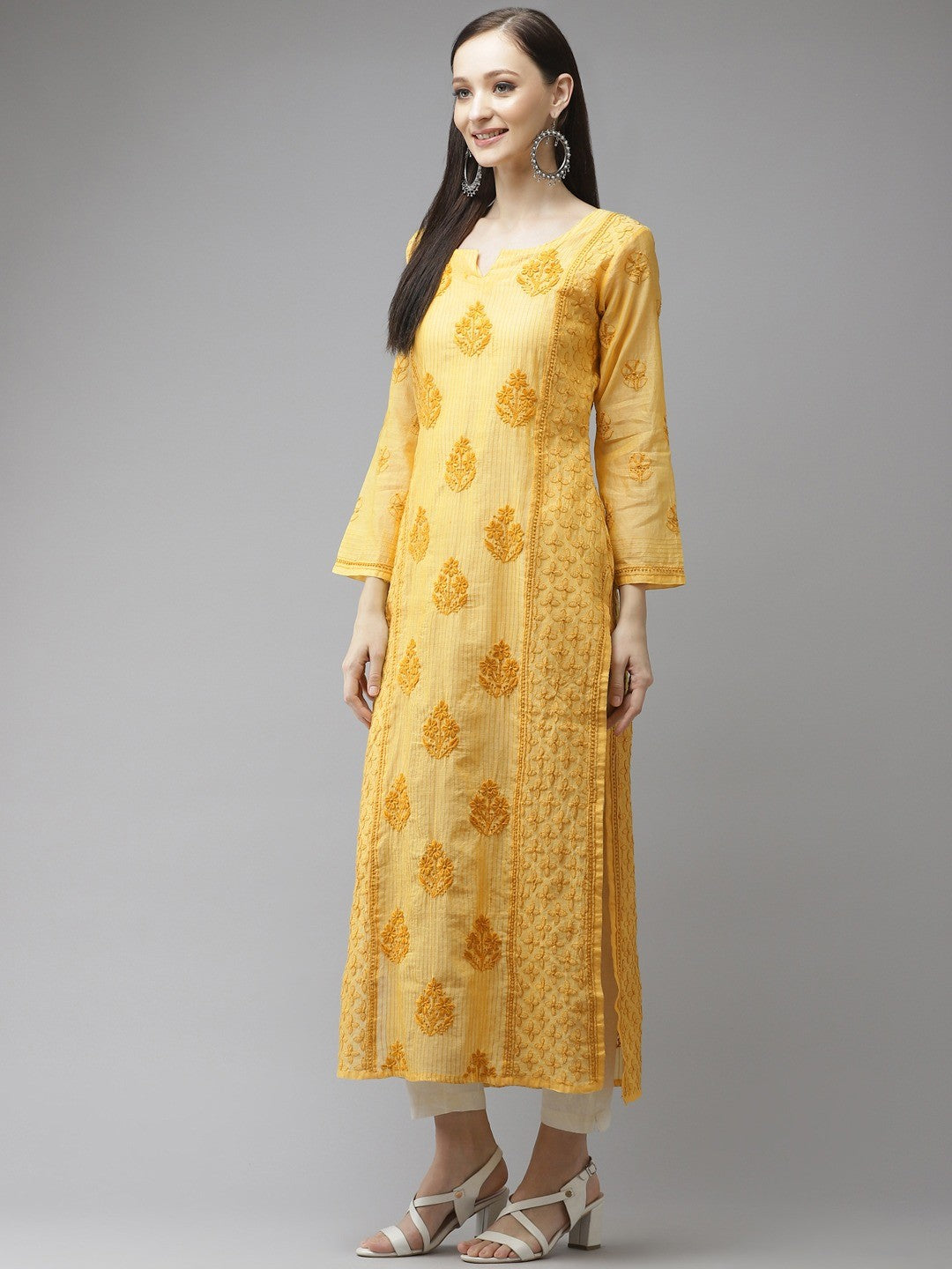 Ada Hand Embroidered Yellow Chanderi Lucknow Chikankari Kurta-A411313