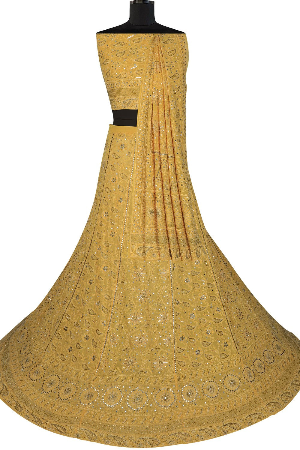 Ada Hand Embroidered Dandelion Yellow Pure Georgette Lucknowi Chikankari Lehenga Set With Muqaish Work– A20700