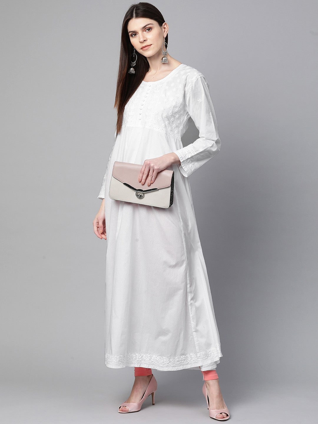 Ada Hand Embroidered White Cotton Lucknowi Chikankari A-line Kurta A100419