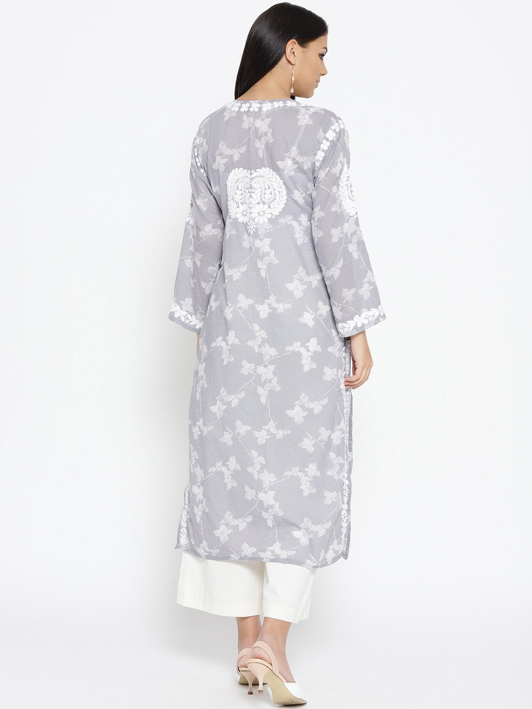 Ada Hand Embroidered Grey Cotton Lucknow Chikankari Straight Kurta– A100112