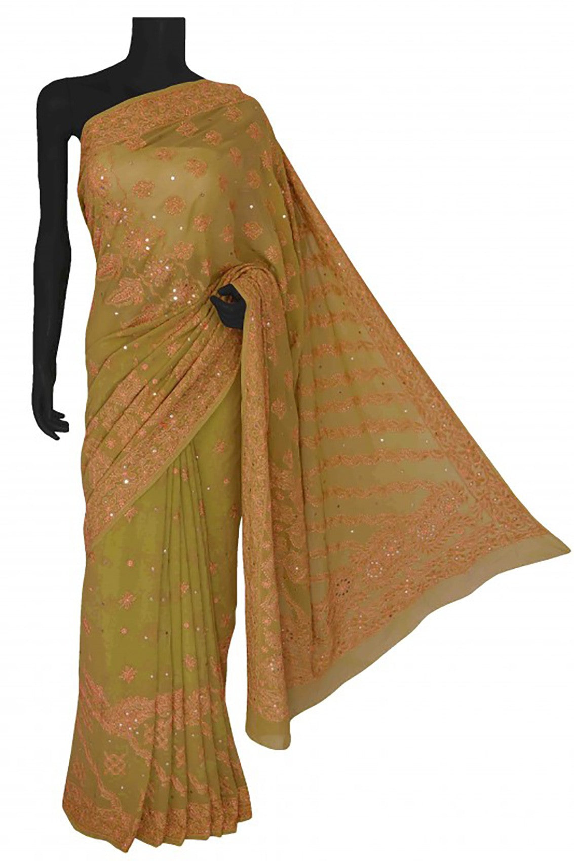 Ada Hand Embroidered Olive Green Pure Georgette Lucknowi Chikankari Saree/Blouse With Muqaish Work 01A59040