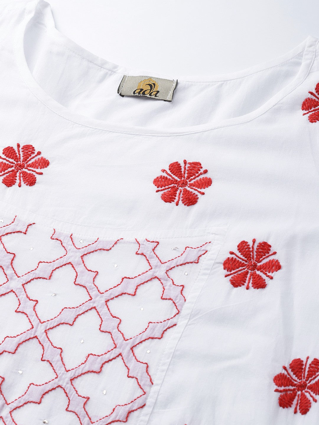 Ada Hand Embroidered White Cotton Lucknow Chikankari Kurta With Muqaish Work-A100047