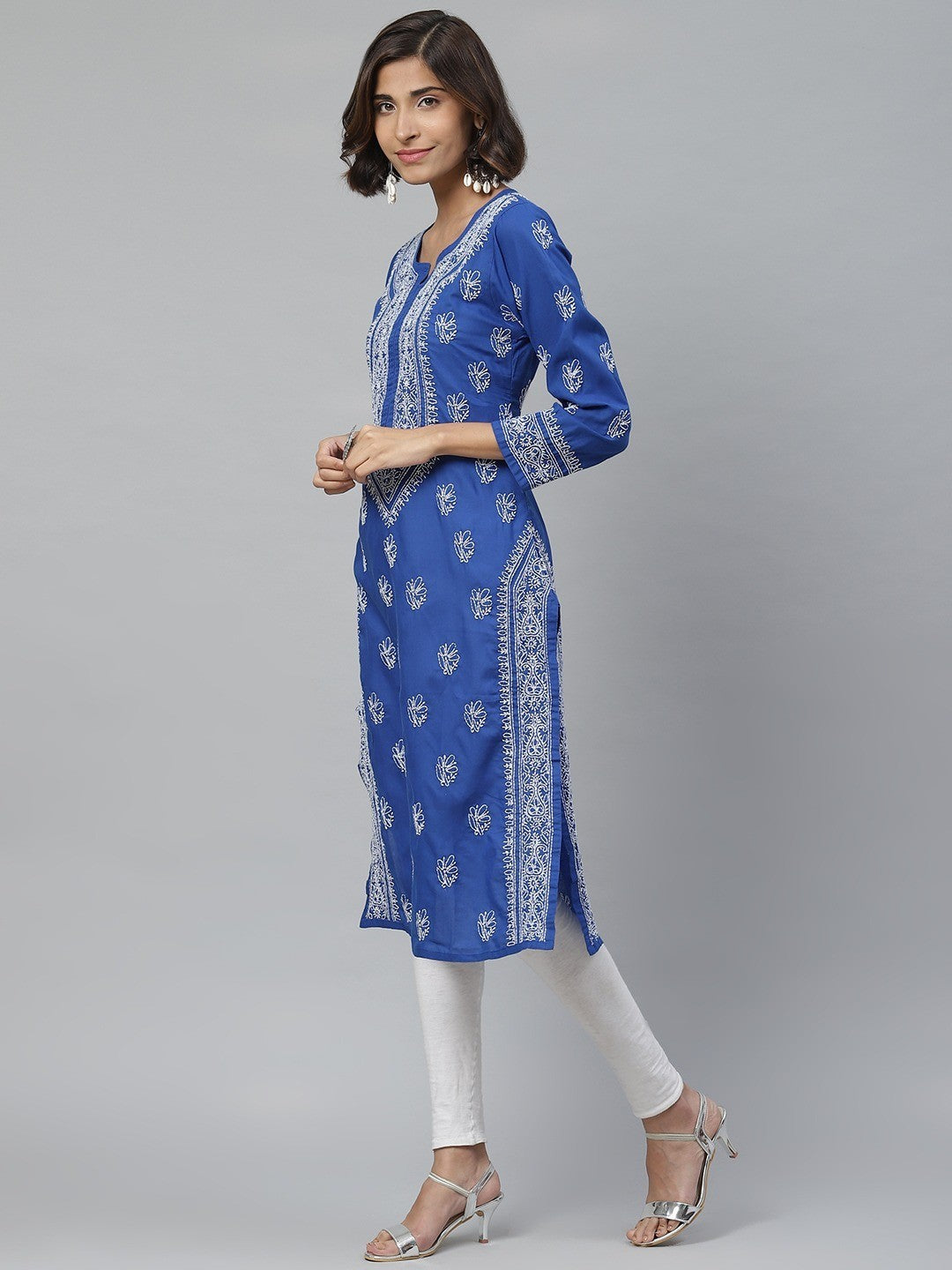 Ada Hand Embroidered Royal Blue Cotton Lucknowi Chikankari Straight Kurta A100458