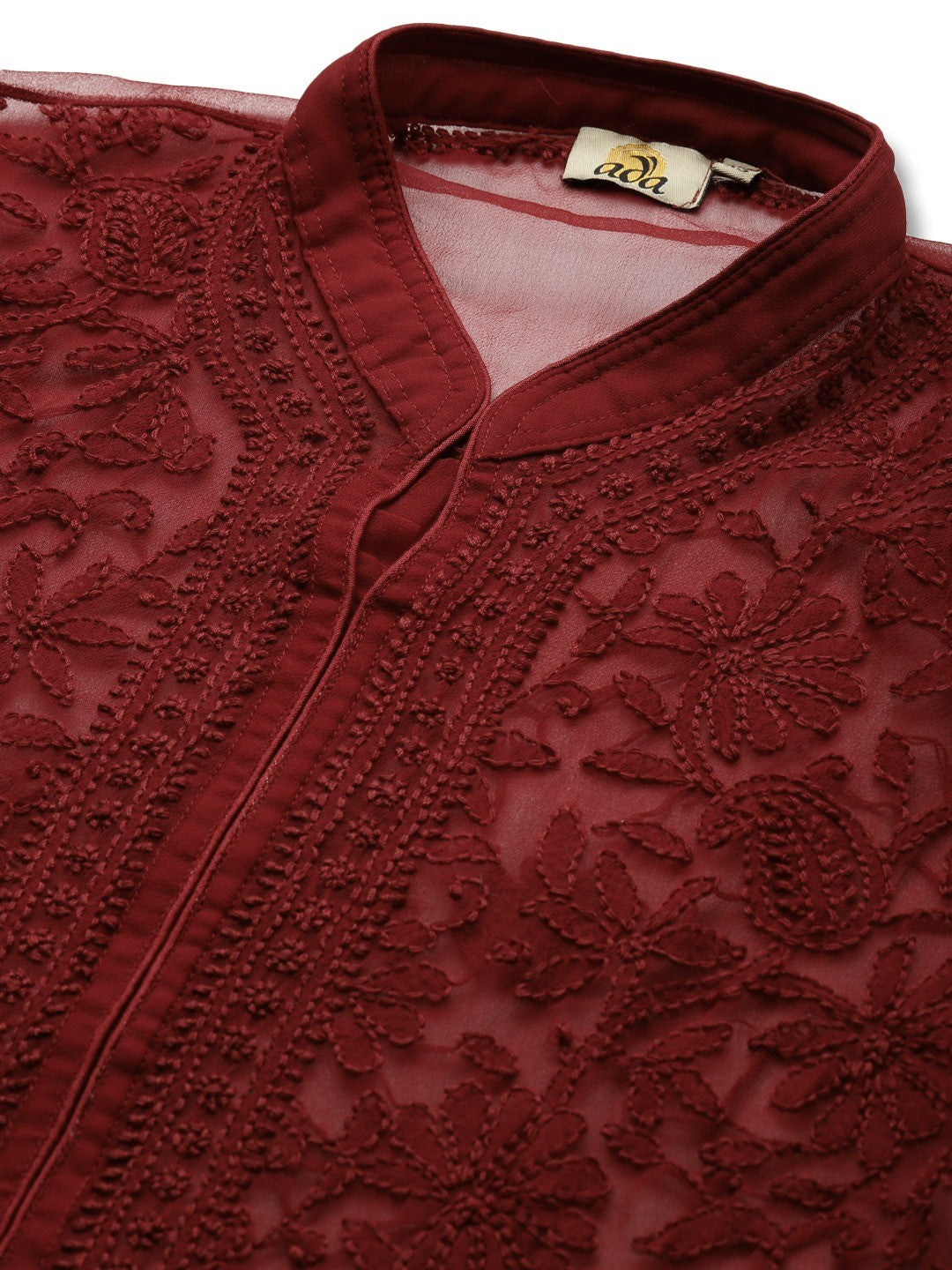 Ada Hand Embroidered Maroon Georgette Lucknowi Chikan Kurta with Slip A225023