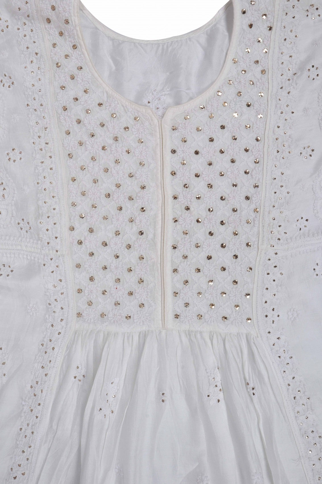 Ada Hand Embroidered White Muslin Lucknowi Chikankari Semi-Stitched Anarkali Kurta Piece With Muqaish Work 01A179471