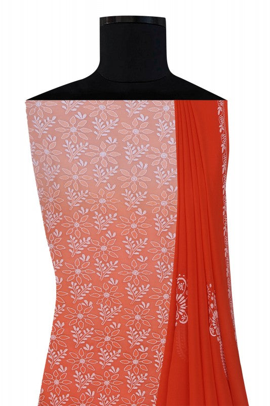 Ada Hand Embroidered Peach/Orange Shaded Pure Georgette Lucknowi Chikan Unstitched Suit Piece A37009