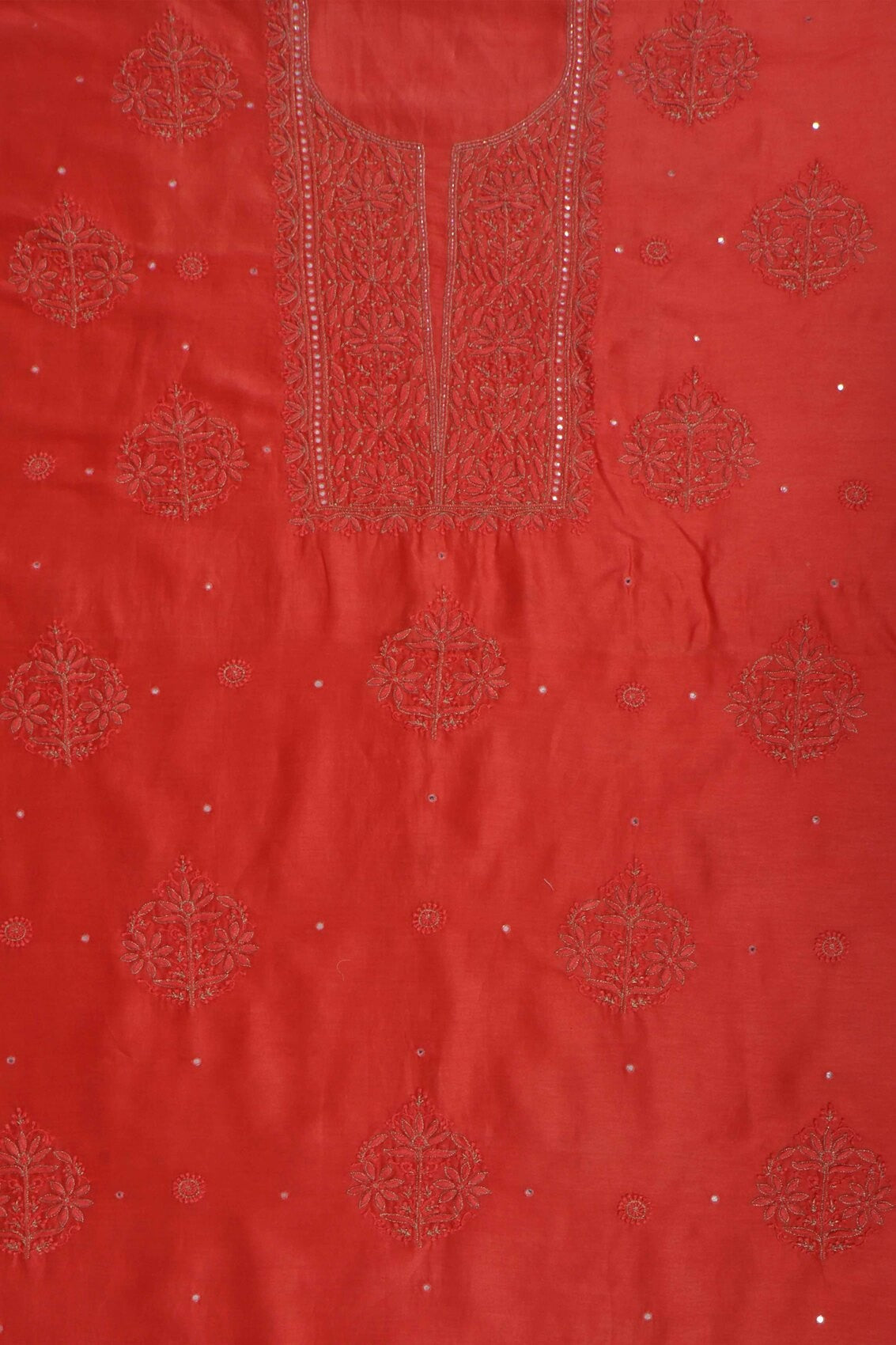Ada Hand Embroidered Dark Peach Chanderi Lucknowi Chikankari Unstitched Kurta Dupatta Set With Zari Work 01A133827