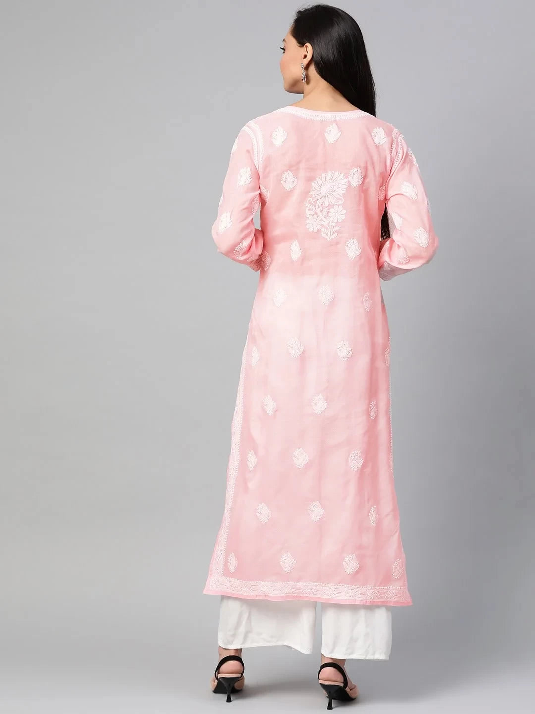 Ada Hand Embroidered Peach Cotton Lucknowi Chikankari Straight Kurta A100539