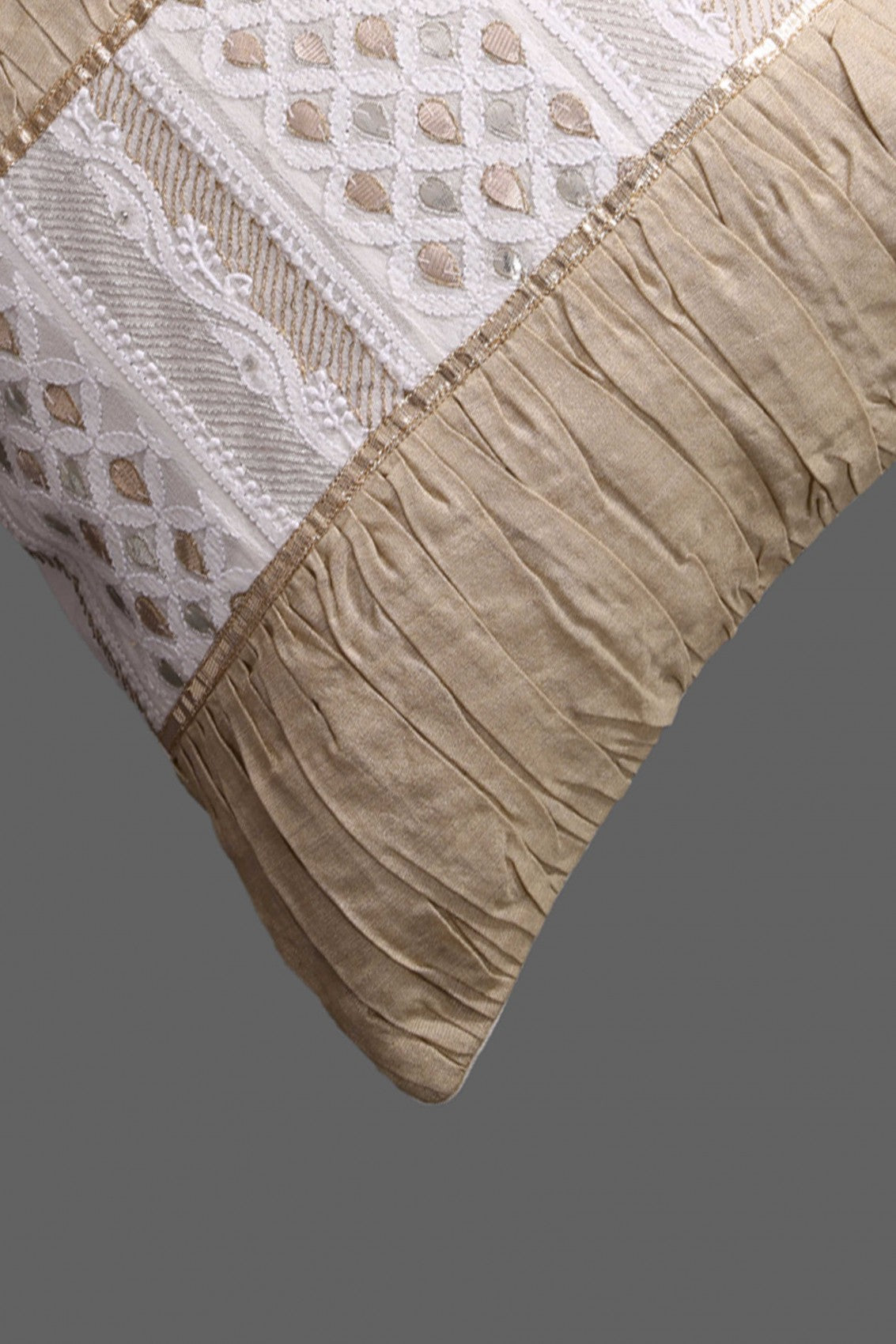 Ada Hand Embroidered Fawn Cotton Lucknowi Chikankari Cushion Cover With Gota Patti Work A563349