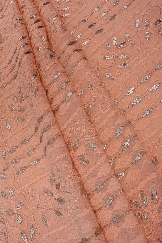 Ada Hand Embroidered Peach Georgette Lucknowi Chikan Unstitched Kurta Piece With Gota Patti Work A541972