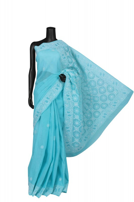Ada Hand Embroidered Blue Cotton Lucknowi Chikankari Saree With Blouse A543779