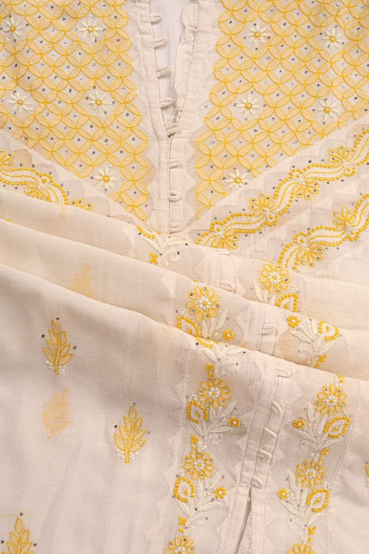 Ada Hand Embroidered White Chanderi Lucknowi Chikankari Unstitched Kurta Dupatta Set With Muqaish Work A326791