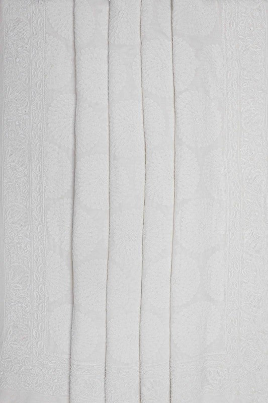 Ada Hand Embroidered White Pure Georgette Lucknow Chikan Saree With Blouse-A453443