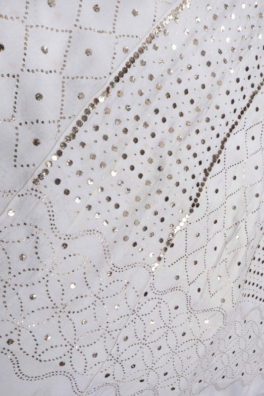 Ada Hand Embroidered White Chanderi Lucknowi Chikankari Semi-Stitched Anarkali Kurta Dupatta Set With Muqaish Work 01A156455