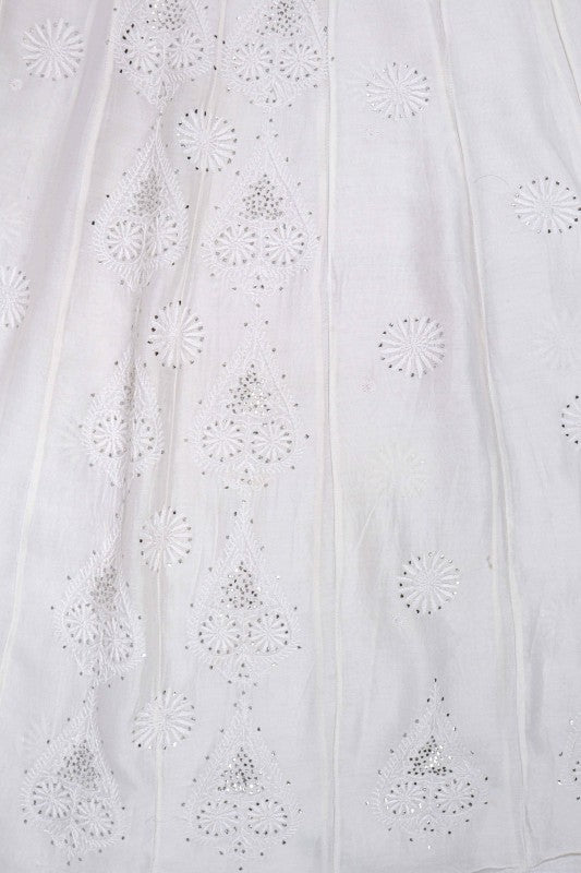 Ada Hand Embroidered White Chanderi Lucknowi Chikankari Semi-Stitched Anarkali Kurta Piece With Muqaish Work A609248